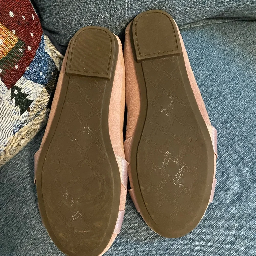 Vionic Women's Light Pink Suede Flats with Crisscross Ribbon design on front. - Picture 7 of 8